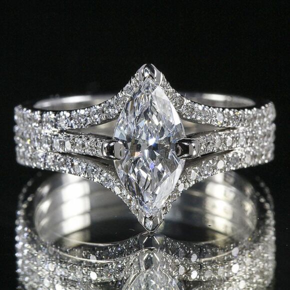 3Ct Marquise-Cut White Sapphire Halo Ring – Split Shank, 14K White Gold Plated - Picture 1 of 15